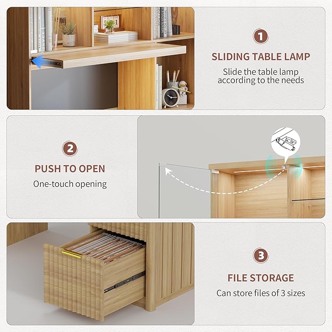 Lvifur LED Study Desk with Hutch & Storage Cabinet, 47" Home Office Desk with Outlet and 3 Color LED, Writing Desk for Bedroom, Computer Desks for Studyroom, Ideal for Office Set, Natural