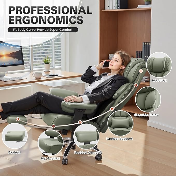BestGlory Office Desk Chair, Big and Tall Leather Gaming Chair with Footrest, Wide Ergonomic Comfy Executive High-Back Reclining Computer Chairs, Swivel Rolling Wheels and Padded Lumbar Support, Green