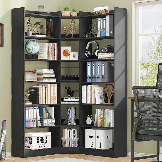 Semoic 70.8" Tall Corner Bookshelf, 7 Tiers Large Etagere Bookcases with Baffles, L-Shaped Modern Storage Display Rack Industrial Bookshelves for Bedroom, Home Office, Living Room & Kitchen, Black