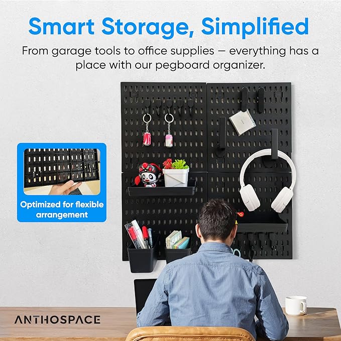 Black Pegboard Organizer Set with Hooks & Storage Boxes, Desk or Wall Peg Board Panels for Tools, Crafts, and Office Supplies – 4 Boards (30×30 cm Each)