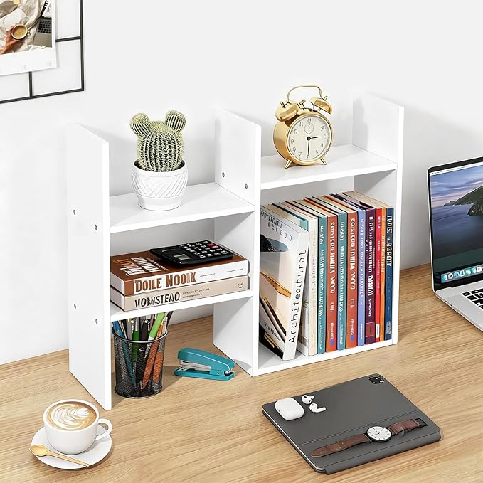 Desktop Shelf Organizer for Top of Desk - Wood Desk Hutch for Dorm Room Essentials & Home Office - Small Tabletop Bookshelf for Storage & Decor Display