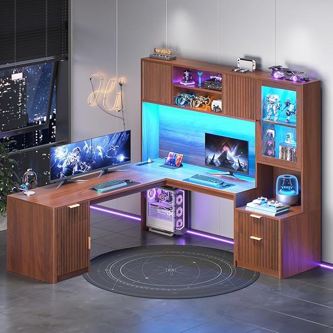 SEDETA 67" x 65" L Shaped Desk with Hutch, RGB LED Corner Computer Desk with Power Outlets, Fluted Home Office Desk with File Drawer, Storage & Glass Display Cabinets for Gaming & Working, Brown