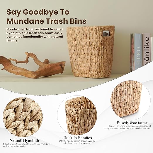 Tidita 4 Gallons Wicker Waste Basket for Bathroom - Water Hyacinth Wicker Trash Can – Kitchen, Bathroom Garbage Can, Oval Magazine Basket - Desk Trash Can, Office Garbage Can with Open Top, Handles