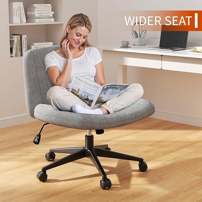 Meilocar Criss Cross Chair with Wheels, Cross Legged Office Chair, Armless Office Chairs Adjustable Height Swivel Tilting Fabric Vanity Chairs for Home Bedroom (Grey)
