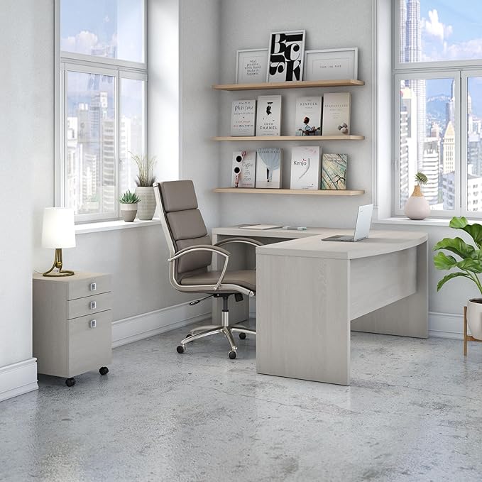Bush Business Furniture Office by Kathy Ireland® Echo L Shaped Bow Front Desk with Mobile File Cabinet in Gray Sand