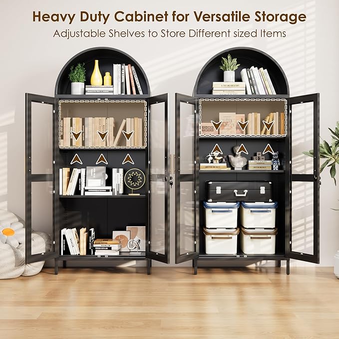 VEXPOR 73" Tall Arched Display Cabinet with Glass Doors, Metal Arched Curio Cabinet with Lock for Living Room, Home Office, Assembly Required