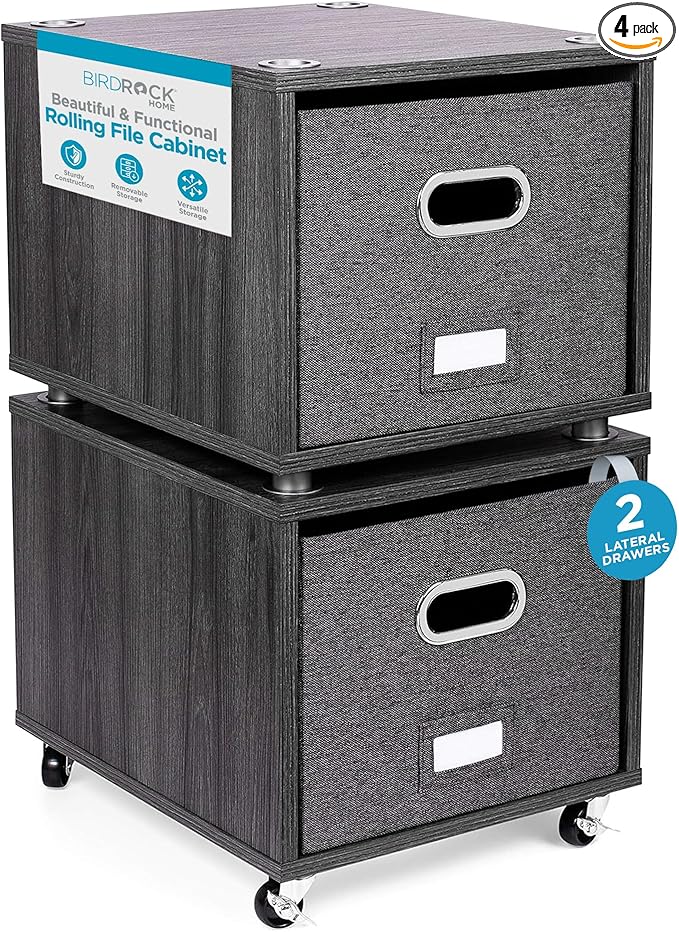 BIRDROCK HOME Rolling File Cabinet – Decorative Storage Shelf w/Removable Bins, Handles, and Wheels – Organize Files, Books, Toys, Under Desk Office Solution, Modern Design - 2 Lateral Drawers, Gray
