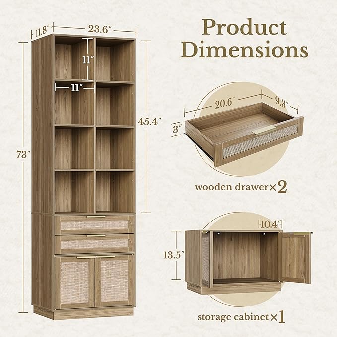Home Office Furniture Set, 48'' Standing Desk with 73'' Bookshelf, Electric Height Adjustable Desk with 2 File Cabinet, Bookcase with Doors, Rattan Office Furniture Sets, Natural Oak