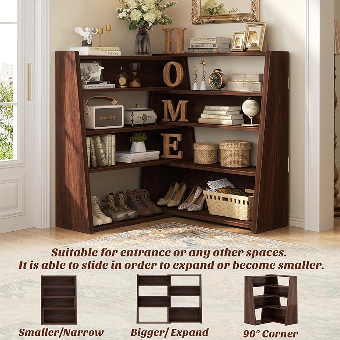 Armocity Expandable Bookshelf, Short Corner Bookshelf for Small Spaces, Small Ladder Book Shelf, Extendable Wood Narrow Bookcase for Living Room, Bedroom, 5 Tier, Black Walnut