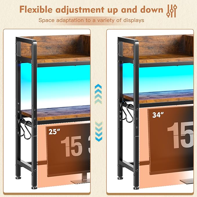 REIBII 35.5" Desk Shelf with LED Lights and Hooks,2-Tier Adjustable Multipurpose Solid Wood Desk Hutch Dorm,Desktop Organizer Rack with 3 Display Rack for Dorm,Office Home,Rustic Brown