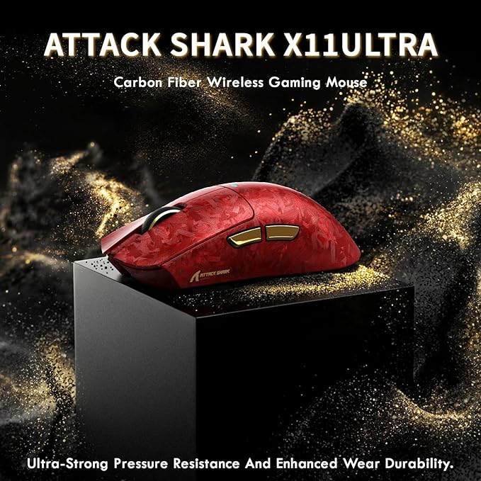 ATTACK SHARK X11ULTRA Carbon Fiber Wireless Gaming Mouse,8K Polling, PAW3950MAX Gaming Sensor,63g Ultra-Lightweight,Nordic 54L15 MCU Chip,Wired/BT/2.4Ghz with RGB Coiled Cable-Metallic Red