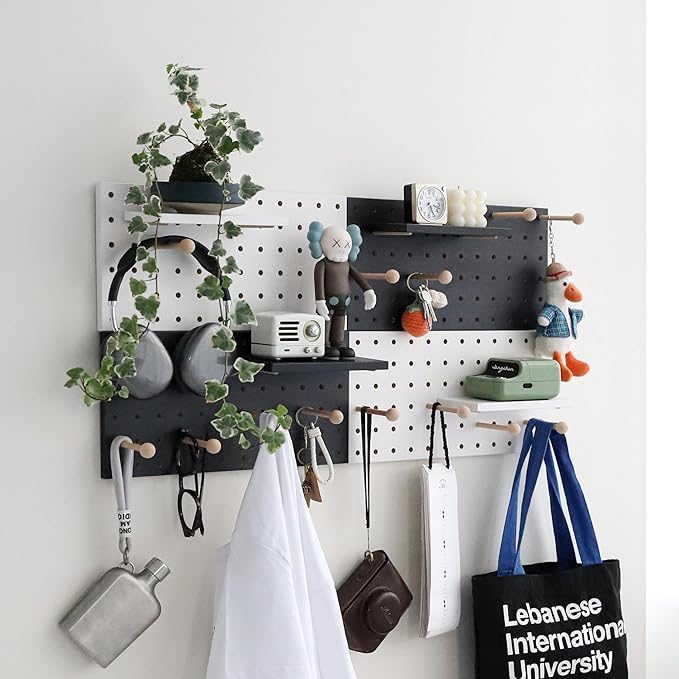 Wooden Pegboard Accessories Set: Modular Wall Hooks & Shelf for Garage, Office & Home Organization(White Colored Finish-B)