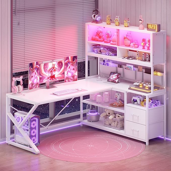 SEDETA L Shaped Gaming Desk, Home Office Computer Desk with 2 Drawer and Bookshelf, L Shaped Gaming Corner Desk with LED Light, Glass Cabinet,Storage Bag and Storage Shelves, White