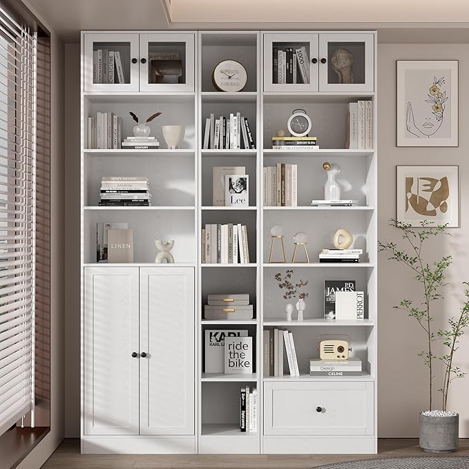 TUSY 85.5 Inch Tall Bookshelf with Doors - 7 Tier Bookcase with Glass Doors and Drawer, 23.6" Wide Storage Cabinet with Open Shelves for Living Room, White Book Shelf for Home Office, Study (C)