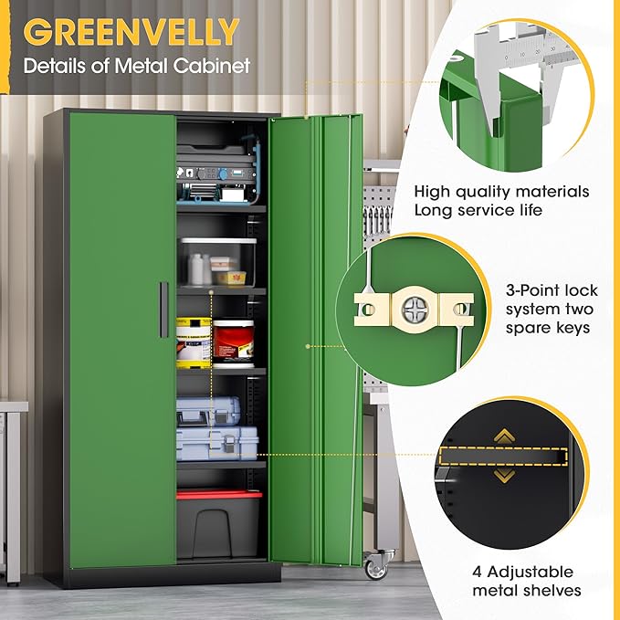 Greenvelly Metal Storage Cabinet, Steel Garage Cabinet with Doors and Adjustable Shelves, Metal Cabinet with Lock,Tall Metal Office Storage Cabinet for Garage,Home Office,School (Black Green)