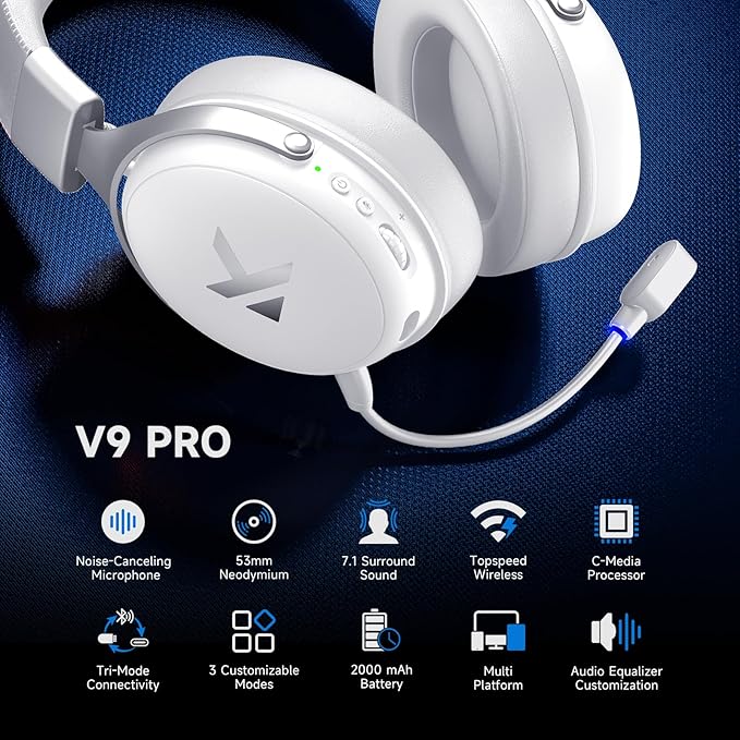 V9 PRO Wireless Gaming Headset 7.1 Surround Sound for PS5 PS4 PC SWITCH TOPSPEED Gaming Headphones, Noise Canceling Mic, 250Hr Battery, Low 15ms Latency, Lightweight, BT 5.3 FPS Games Icy&White