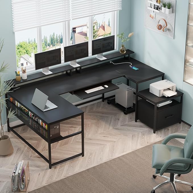 SEDETA U Shaped Gaming Desk,101.5''Reversible L Shaped Home Office Desk with Drawer & Power Outlet,Computer Two Person Desk with Monitor Shelf, Keyboard Tray, Black