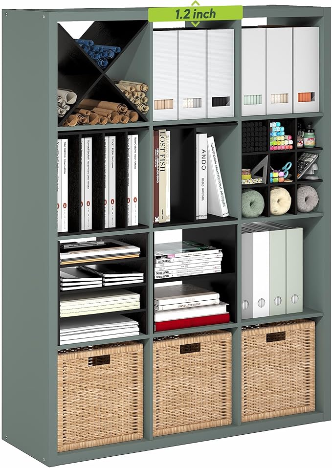 Furinno Cubicle Book Shelf, 12-Cube Bookshelf, Extra Thick Frame Reversible Bookcase with Open Back, 14.6" x 44" x 58", for Living Room, Bedroom, Home Office, Sage Green