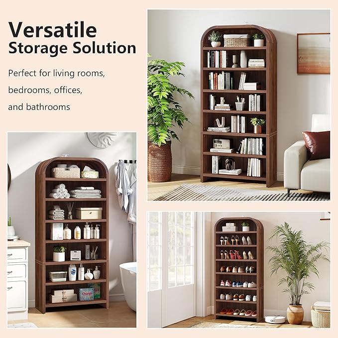 LEVNARY 70" Tall Arched Bookcase, 7-Tier Freestanding Storage Cabinet with Adjustable Shelves, Thick MDF Bookshelf for Bathroom Living Room Bedroom (Walnut)
