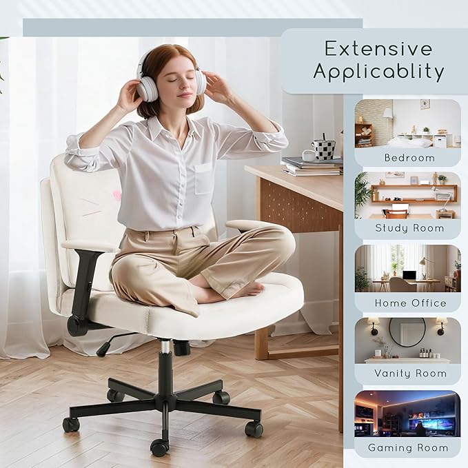 HOMREST Criss Cross Chair with Arms and Castors, Plus Size Cross Legged Office Chair with Extra Wide Seat&Flexible Back Cushion, Cute Comfy Desk Chairs for Home Office, Vanity, Gaming,Reading(Beige)