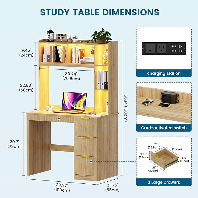 WOOVIVS Home Office Desk with Hutch & LED Lights - 39" Computer Desk with Charging Station, 3 Large Drawers, Hidden Compartment & Fluted Panel Design,Natural Writing Desk for Bedroom, Study