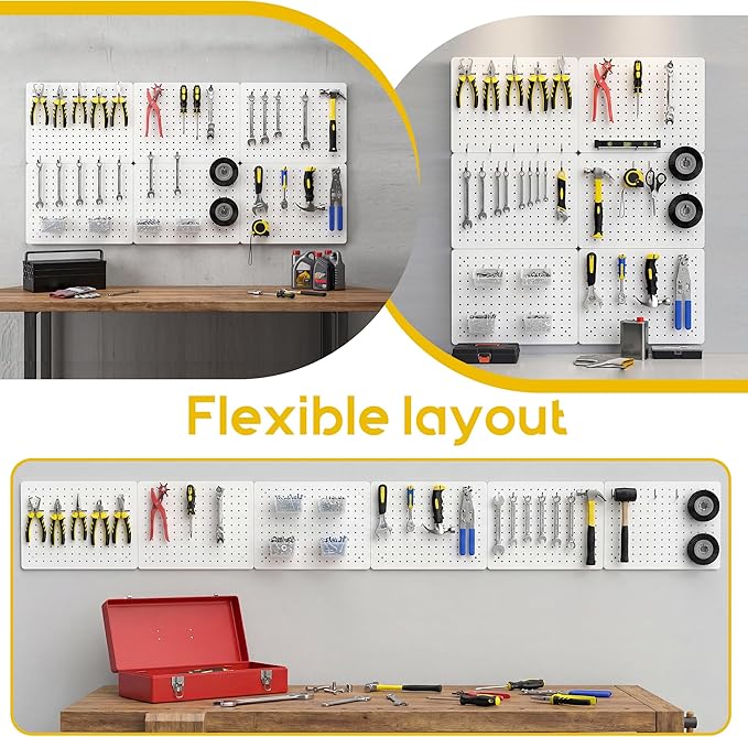 Peg Board for Tools, 6 Pack Metal Pegboard Wall Organizer with Hooks,16"×12" White Pegboard Panels for Walls Home, Garage Tool Storage, Kitchen, Office Organization, Craft Room