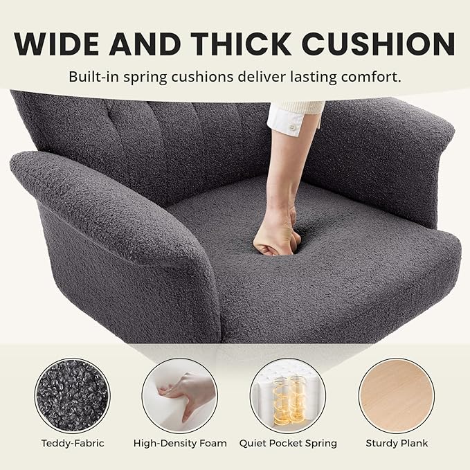 IWMH Home Office Desk Chair, Teddy Fabric Cozy Desk Chair with Wheels and Arms, Modern Upholstered High Back Wide Seat Vanity Chair for Bedroom Living Room Makeup (Dark Grey)
