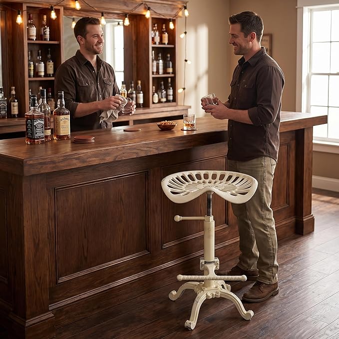 Diwhy Rustic Industrial Farmhouse Tractor Seat Adjustable Height 21.65-27.56in Bar Stool Industrial Bar Chair (Aged White, Cast Iron)