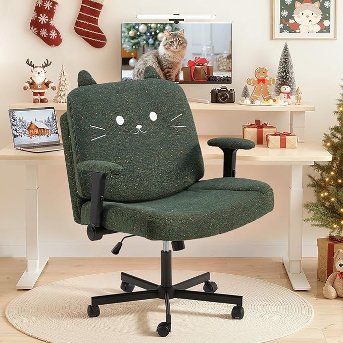 HOMREST Criss Cross Chair with Arms and Castors,Plus Size Cross Legged Office Chair with Extra Wide Seat&Flexible Back Cushion,Cute Comfy Desk Chairs for Home Office,Vanity,Reading(Christmas Green)