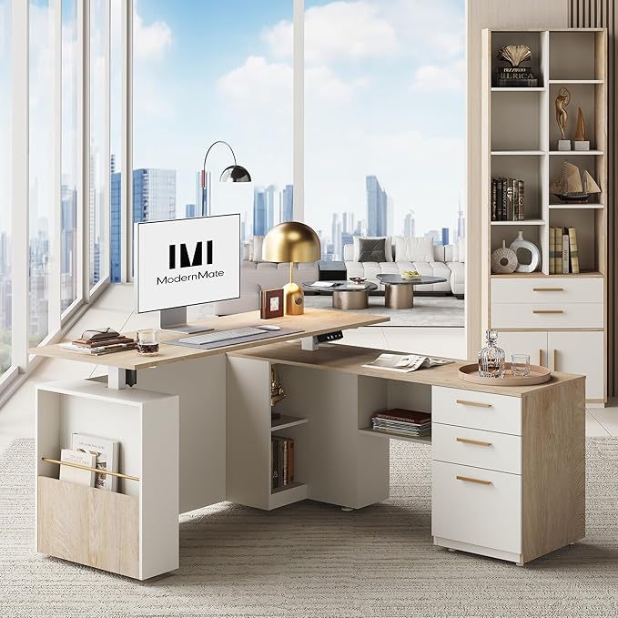 ModernMate Furniture Set, 63" Standing Desk with 73" Bookcase, L Shaped Electric Stand Up Desk with Bookshelf, Home Office Furniture Set, Light Walnut