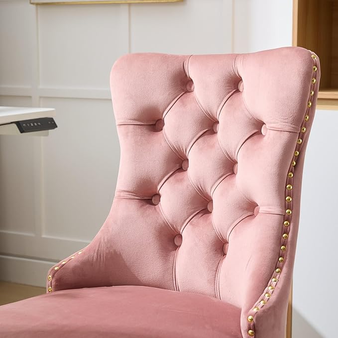 Goujxcy Desk Chair, Modern Velvet Upholstered Tufted Button Home Office Chair, 360° Swivel Armless Desk Chairs, 120°Rocking Ergonomic Computer Task Vanity Chairs, Pink
