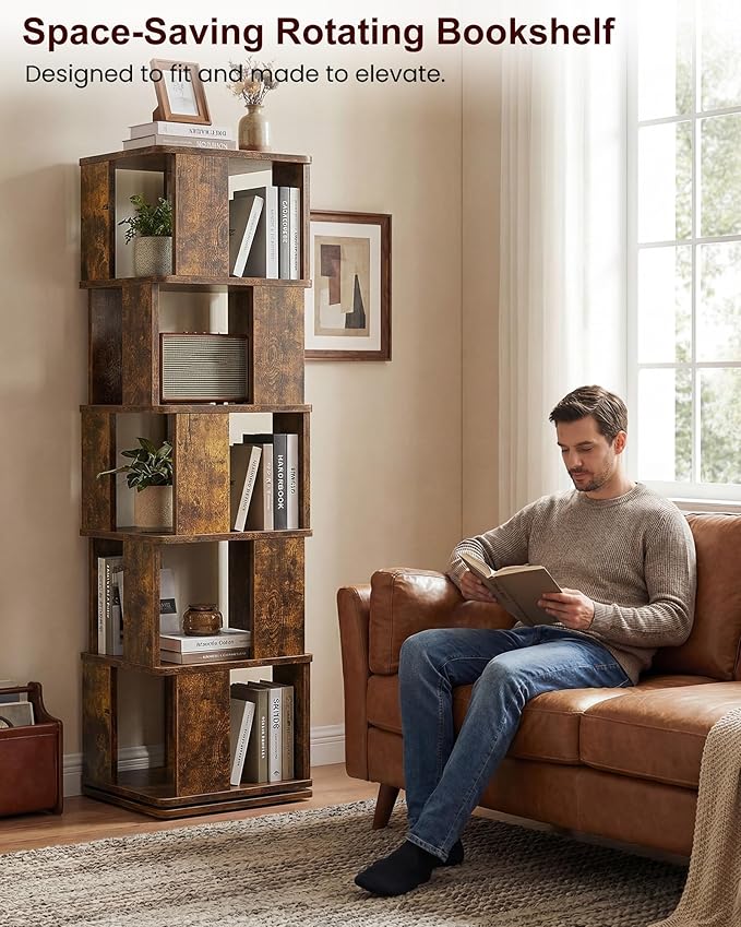 Foxemart 5-Tier Rotating Bookshelf Tower, 360° Spinning Modern Book Storage Bookcase, Stable Display Corner Book Shelf for Kids Room, Living Room, Bedroom, Home Office, Rustic Brown