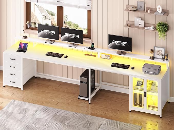SEDETA L Shaped Gaming Desk with 4 Drawers, 109” Computer Desk with Display Cabinet, Home Office Desks with 2 Monitor Stands, CPU Stand, LED Lights and Power Outlet, White