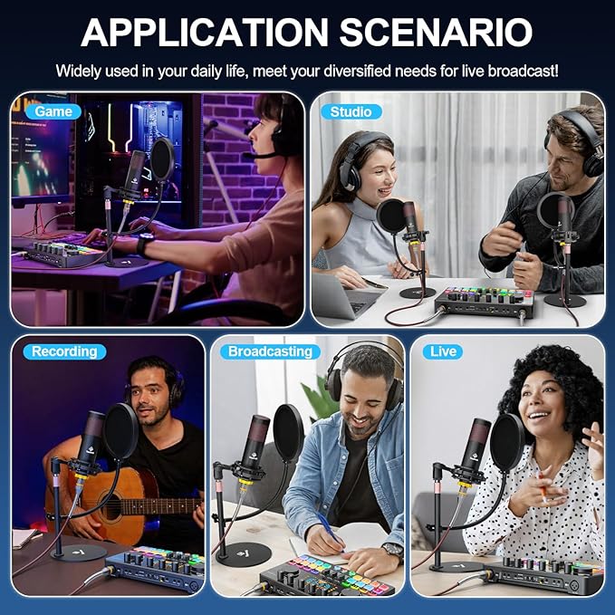 Podcast Equipment Bundle for 2 with Dual 48V XLR Condenser Micophones with Mic Pop Filters Audio Equipment for Live Streaming/Recording, Online Gaming for Phone/Laptop/PC Audio Interface M100