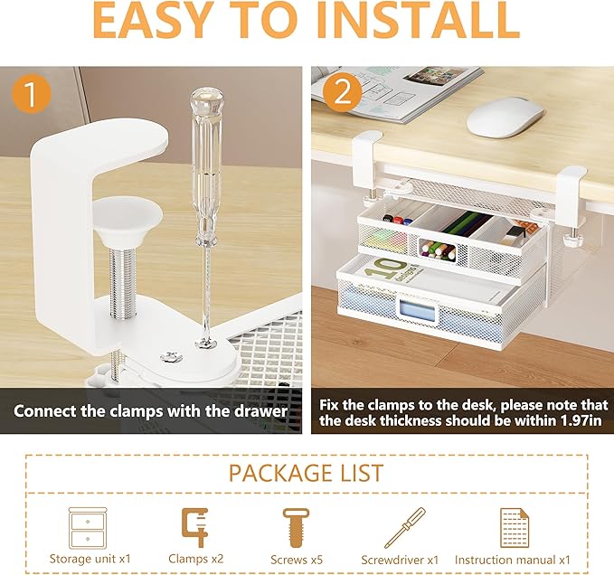 Under Desk Drawer Organizer with 2 Slide Out Drawers – No Drilling Metal Clamp-On Storage, Anti-Slip Desk Drawer Attachment for Home & Office Desktop Organization (White)