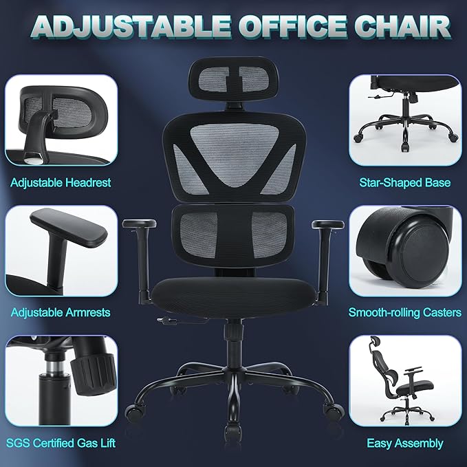 MALOL Ergonomic Office Chair with Adjustable Headrest & 3D Armrests, High Back Mesh Desk Chair with Lumbar Support, Reclining Lock 97°-125°, Swivel Computer Task Chair for Home Office, 300 LBS