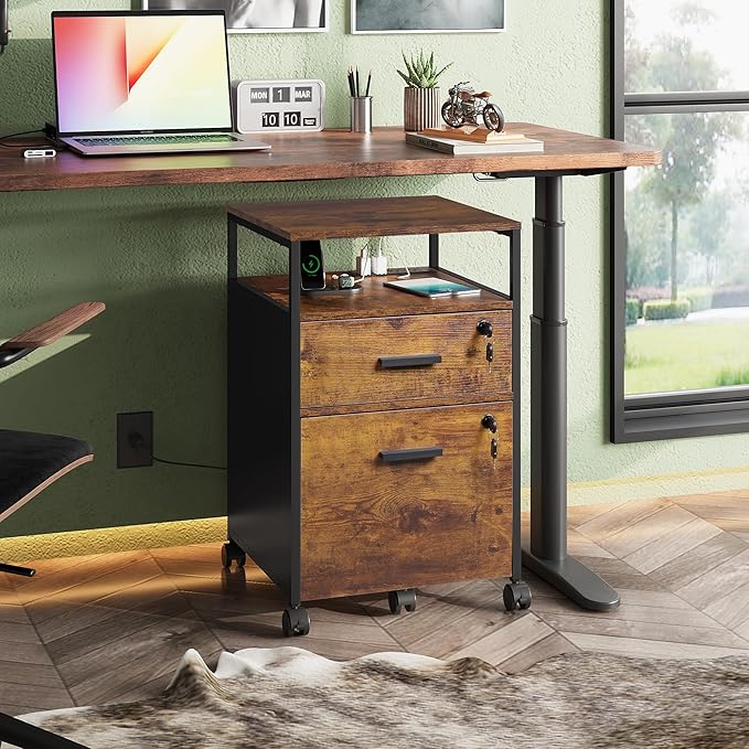 DEVAISE 2 Drawer File Cabinet with Lock, Charging Station & Adjustable Shelf, Rustic Wood Filing Cabinet, Mobile Printer Stand for A4/Letter Size Home Office, Brown