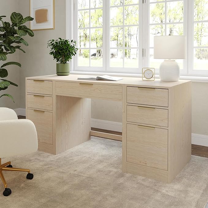 Martha Stewart Kayden Home Office Modular Desk with Drawer and Dual 3 Drawer File Cabinets in Light Natural with Brushed Gold Hardware