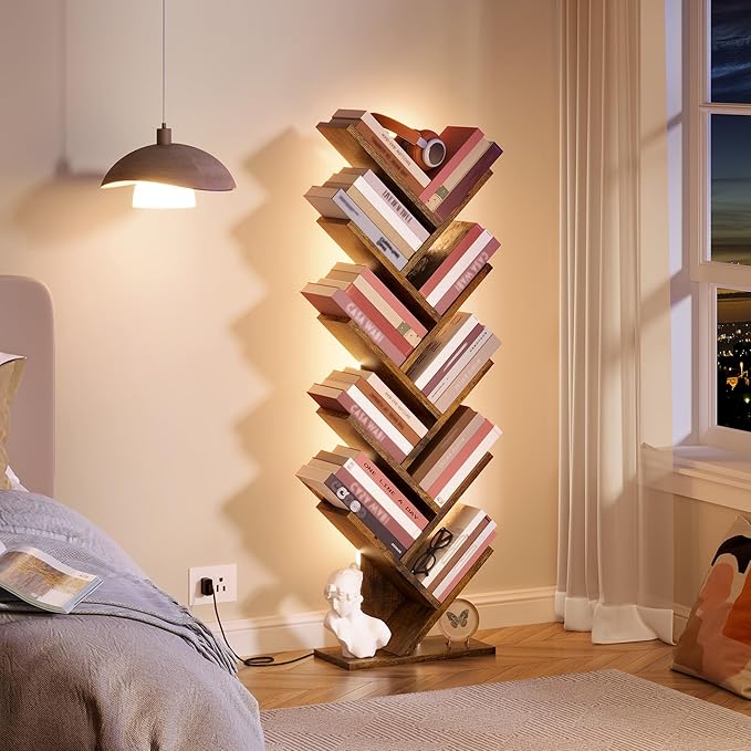 Hoctieon 10 Tier Tree Bookshelf, Tall Bookcase, Freestanding Book Shelf with LED Lights, Display Floor Standing Storage Shelf, Book Organizer Shelves for Home Office, Living Room, Rustic Brown