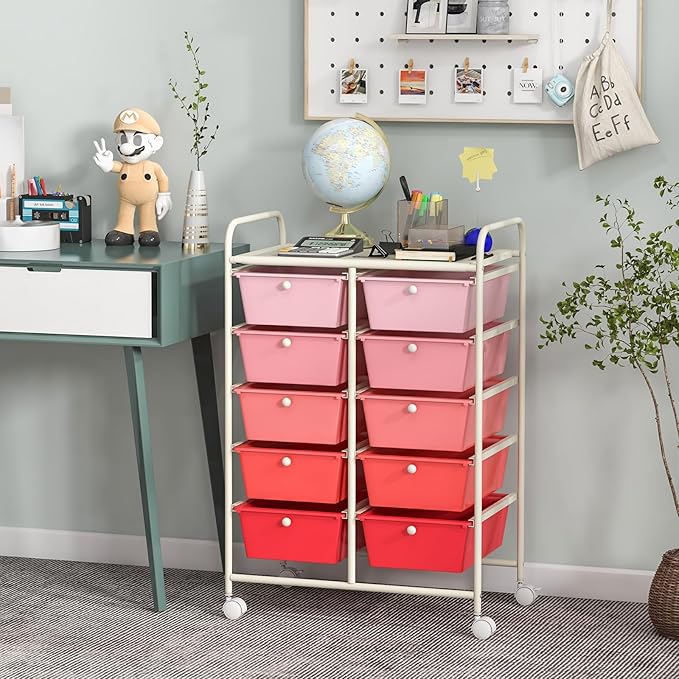 Moccha 10-Drawer Rolling Storage Cart - Under Desk Storage Drawers with wheels for Craft Art Supply Paper Salon, Scrapbook Paper Tools, Mobile Utility Cart for Classroom, Gradient Pink