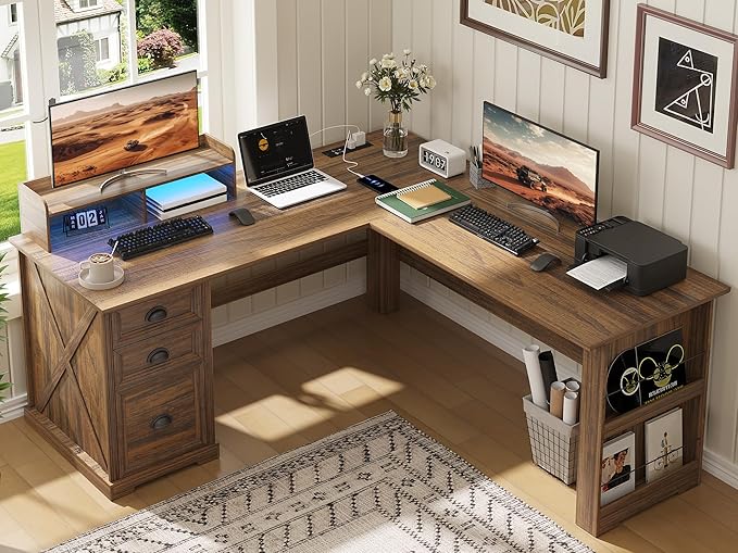 Lareth Executive L Shaped Desk with Monitor Stand, 59 inch Farmhouse Corner Computer Desk with Power Outlets & LED Lights, Home Office Desk with File Cabinet for Working Gaming Writing, Dark Walnut