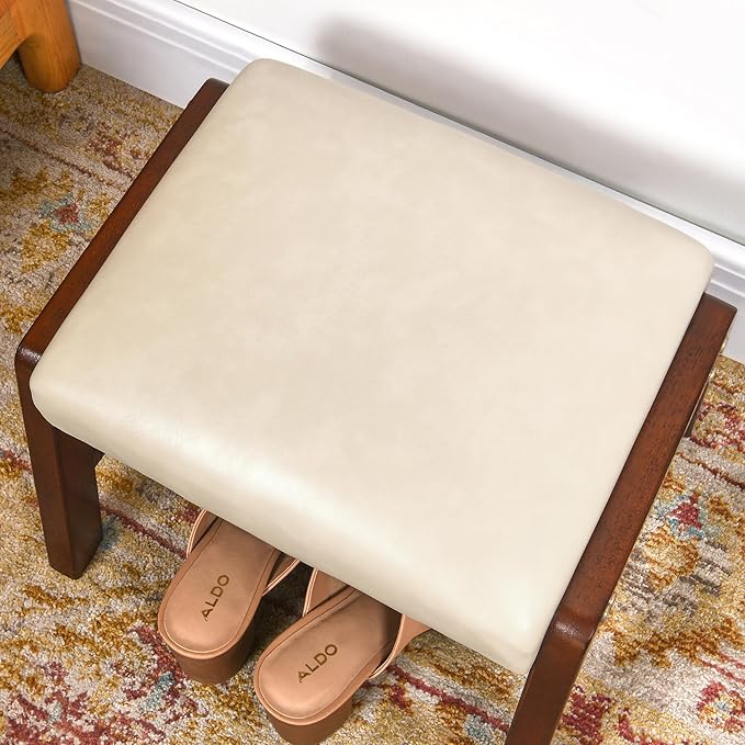 Small Foot Rest Ottoman, 11.8" H PU Leather Rectangle Foot Stool with Non-Skid Wood Legs, Small Foot Step Footstool Sofa Footrest for Couch, Desk, Office, Beige