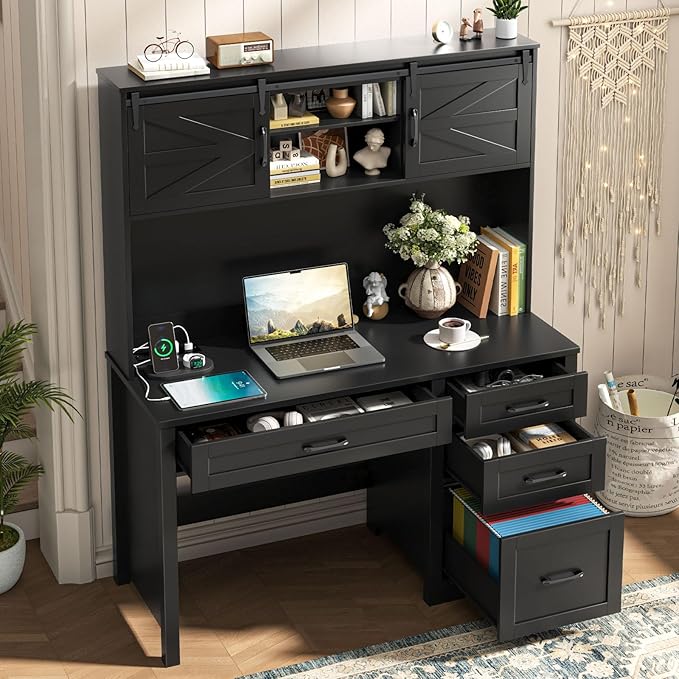 Vabches Farmhouse 67" H Executive Desk with Hutch,Office Table with LED Light and 6 Drawers,Computer Desk with Charging Station,File Drawers and Storage Cabinet,Workstation for Home Office.Black