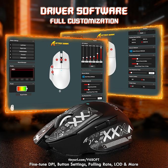 ATTACK SHARK V6 65g Superlight Wireless Gaming Mouse with Magnetic Charging Dock,BT/2.4GHz Wireless/Wired Mouse 1K Polling,PixArt PAW3311 Sensor,25000DPI,Tape,Office Gamer Mice for PC/Win/Mac(Black)