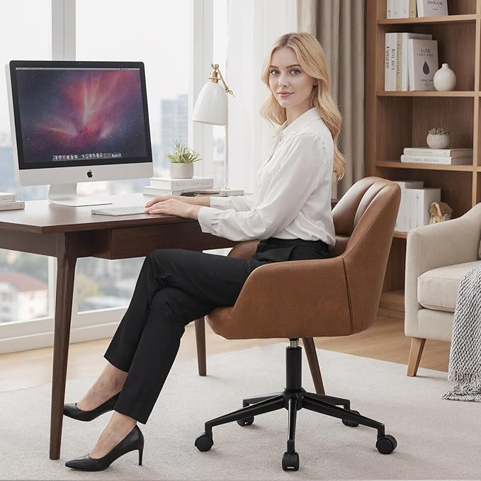 Modern PU Leather Office Chair Set of 2, Height Adjustable Comfy Desk Chair with Wheels, 18.3” Wide Swivel Armchair for Living Room Home Office Computer, Brown