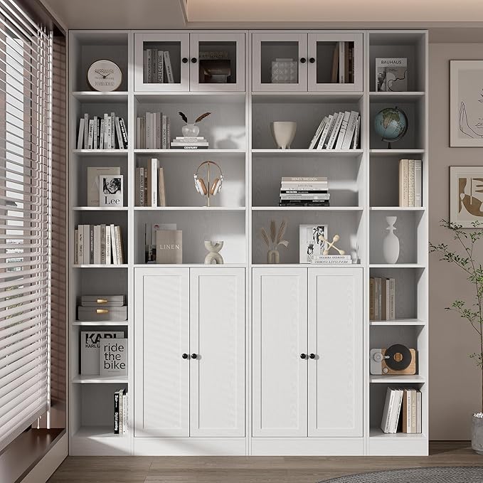 TUSY 85.5 Inch Tall Bookshelf with Doors - 7 Tier Bookcase with Glass Doors and Drawer, 23.6" Wide Storage Cabinet with Open Shelves for Living Room, White Book Shelf for Home Office, Study (C)