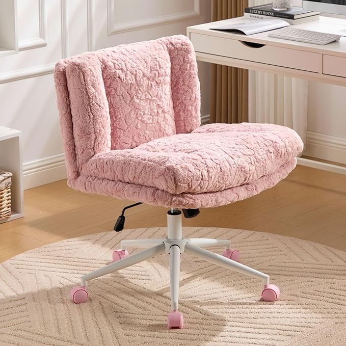 Goujxcy Desk Chair with Thickened seat Cushion, Modern Faux Fur Upholstered Home Office Chair, 360° Swivel Armless Desk Chairs, 120°Rocking Ergonomic Computer Task Vanity Chairs, Pink
