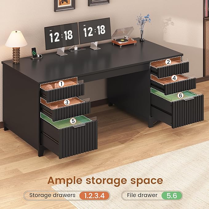 SEDETA 55.1" Fluted Office Desk with 6 Drawers, Modern Executive Desk with Acrylic File Drawers, Computer Desk with Power outlets for Home Office and Study (Black)