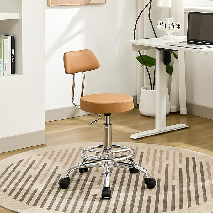 FIRAVOE Ergonomic Desk Stool(Sturdy Rolling Stool with Back)(Swivel Armless Office Chair 19.5"-26.6") Adjustable Footrest Salon Chair (Camel Brown)