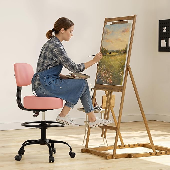 Drafting Chair with Back, Adjustable Foot Rest Rolling Stool (2, Pink)